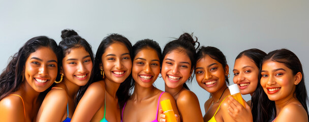 Teenage Indian Girls Smiling in Colorful Swim Attire with Skincare
