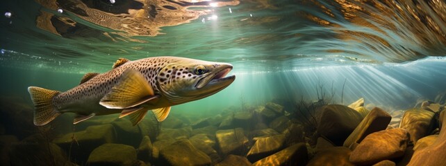 Underwater photo of The Brown Trout (Salmo Trutta) in a mountain lake. Close up with shallow DOF. - obrazy, fototapety, plakaty