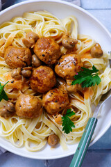 Chicken meatballs beef stroganoff with pasta.top veiw