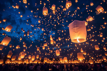 Obraz premium Asian people releasing Chiang Mai lanterns into the sky, making a breathtaking spectacular view at the Night Sky Lantern Festival.