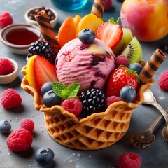 Fruit ice cream in a waffle cup - obrazy, fototapety, plakaty