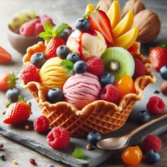 Fruit ice cream in a waffle cup - obrazy, fototapety, plakaty