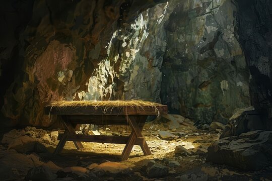 empty wooden manger in cave with star of bethlehem christian nativity scene background digital painting
