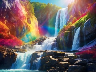 Obrazy na Plexi  Waterfall cascades as rainbow decorates sky, flowers bloom in foreground