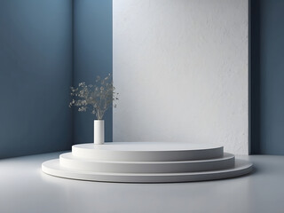 3d render, abstract background design, empty room with blue wall and white podium design.