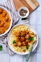 Chicken meatballs beef stroganoff with pasta.top veiw - 789514793