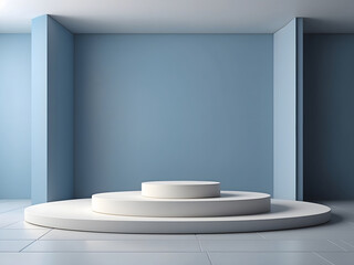 3d render, abstract background design, empty room with blue wall and white podium design.