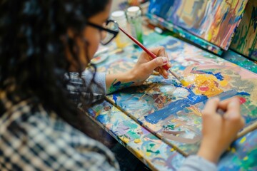 Close-Up of Artist Painting on Canvas in Workshop