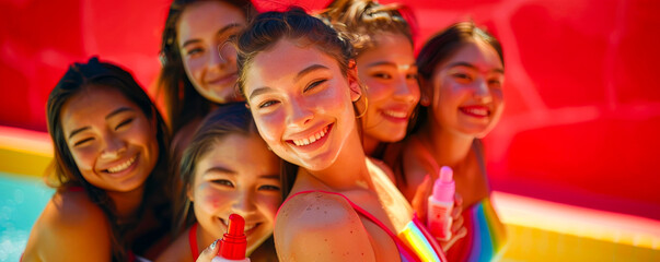15-Year-Old Girls Smiling in Rainbow Swimwear Near Swimming Pool

