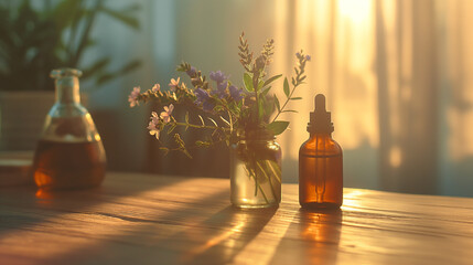 A brown dropper bottle of aromatherapy essential oil on a wooden table in an apartment in the evening