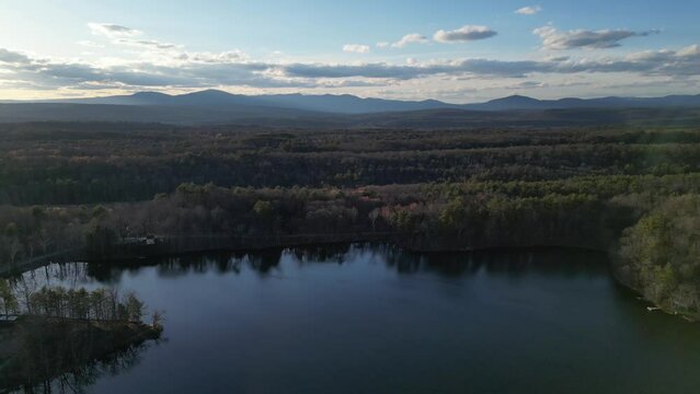 catskill mountains (aerial footage of catskills with lake in foreground) rosendale, kingston (scenic hills at sunset, dusk) upstate new york hudson valley (beautiful landscape drone shot) establishing