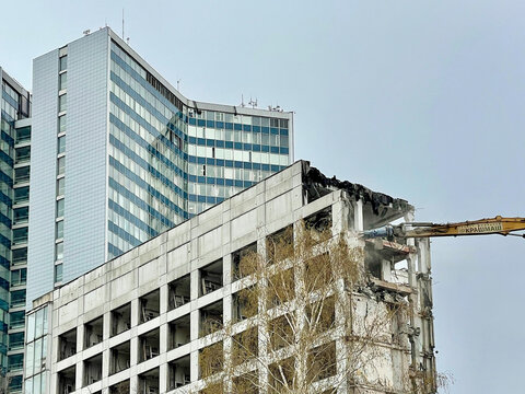 Moscow, Russia, April, 18, 2024. Demolition of the Mir Hotel in Moscow near the White House on April 18, 2024