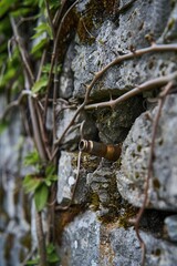 A Bullet in Time Embedded in an Ancient Wall with Nature Overgrowing - obrazy, fototapety, plakaty