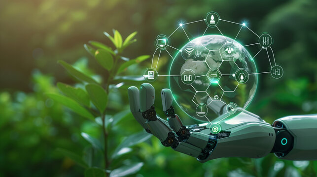 Futuristic Botanical Care - Robotic Arm Tending to Global Ecosystem with Digital Interface.