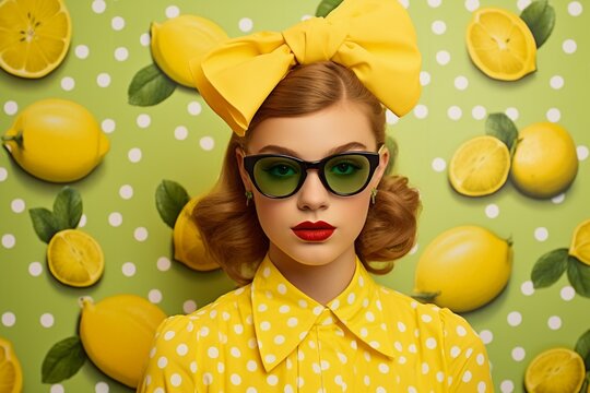 Retro chic girl with bow headband, large sunnies, lemon dress with lime polka dots, painted backdrop ,  high resolution