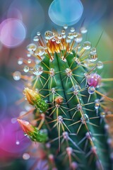 Cactus Raindrops Natural Bokeh of Tiny Flowers in Focus - obrazy, fototapety, plakaty