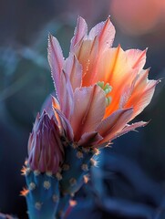 Cactus Flower at Dawn Delicate Petals Illuminated by Sunrise - obrazy, fototapety, plakaty