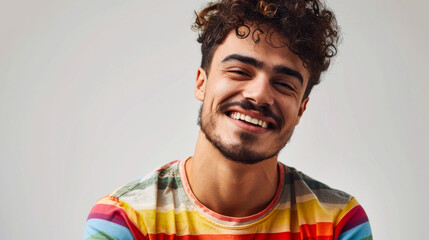 Obraz premium Gay Pride Fashion: Curly Haired Man with Moustache in Rainbow Top 