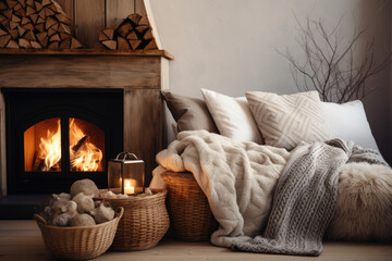 Cozy reading nook by fireplace. Bench with chunky knit blanket and pillows. Scandinavian farmhouse, hygge home interior design of modern living room in attic - obrazy, fototapety, plakaty