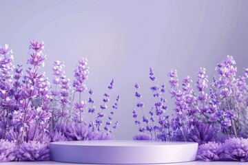 Lavender podium flower background purple product nature platform summer 3d table. Cosmetic podium lilac abstract field studio beauty flower spring lavender floral display plant backdrop crystal