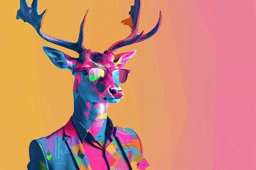 fashionable deer in colorful suit and sunglasses on solid background minimalist abstract geometric digital art - obrazy, fototapety, plakaty