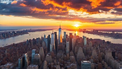 Amazing autumn sunset view from One World Trade Center sky scraper in New York to South Manhattan with great colors