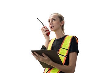 Female worker holding clipboard during working on transparent background. Female engineer working...