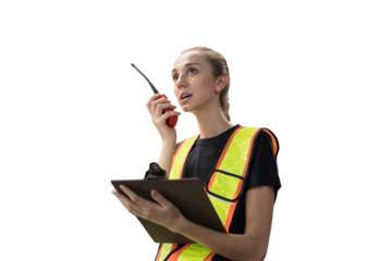 Female worker holding clipboard during working on transparent background. Female engineer working on transparent background