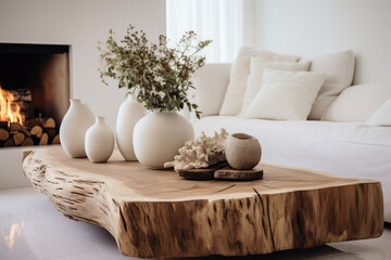 Close up of organic wood home decor on live edge coffee table near white sofa and fireplace. Minimalist home interior design of modern living room.
