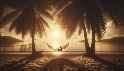 Sunset View with Hammock Between Palm Trees