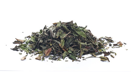 White Pai Mu Tan dried tea leaves isolated on white, side view - obrazy, fototapety, plakaty