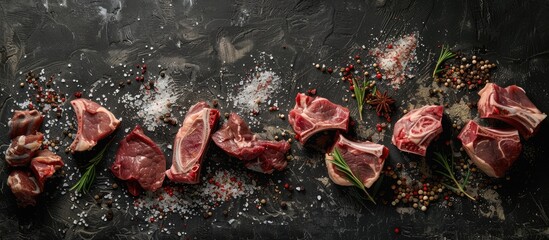 Aged meat cuts displayed on a dark cement surface alongside seasonings such as salt and pepper.
