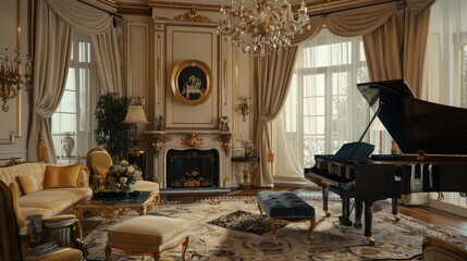 A charming and elegant formal living room with plush seating and a grand piano, featuring a fireplace and crystal chandelier for a sophisticated and timeless space perfect 