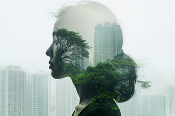 Double Exposure of Woman and Cityscape: Urban Portrait Concept