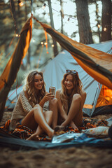Two women sitting in a tent, one of them holding a can of soda