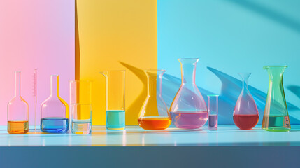 large laboratory glassware in different colors, - obrazy, fototapety, plakaty