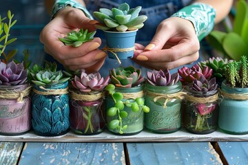 female hands planting succulents in decorated recycled jars sustainable gardening concept