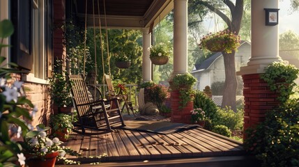 A charming and inviting front porch with rocking chairs and a porch swing, featuring lush potted plants and flower baskets