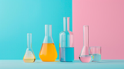 large laboratory glassware in different colors, - obrazy, fototapety, plakaty