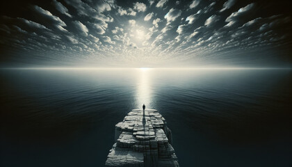 Lone Figure before Endless Ocean Horizon - obrazy, fototapety, plakaty