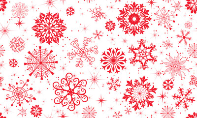 Vector seamless Christmas monochrome pattern with red snowflakes and stars on a transparent background