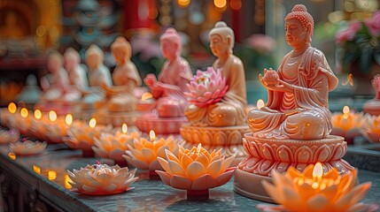Serene Buddhist Temple with Illuminated Lotus Candles and Statues