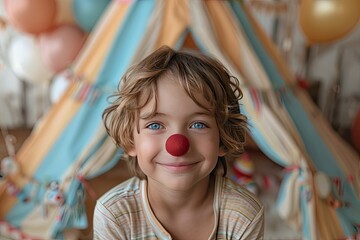Cheerful Child with Clown Nose Celebrating at Festive Teepee Party