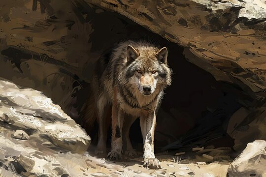 fierce wolf guarding cave entrance digital painting