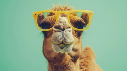 Fototapeta premium Cool Llama Wearing Yellow Sunglasses Against Turquoise Background