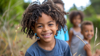 A group of small children in blurred background and one cute little boy smiling and running in front of the camera