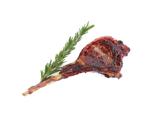 Delicious grilled beef meat and rosemary isolated on white, top view