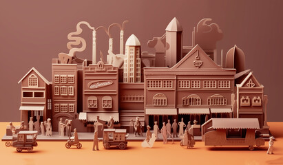 楽しいチョコレート工場を立体的なクラフトで表現したアートイラスト - obrazy, fototapety, plakaty