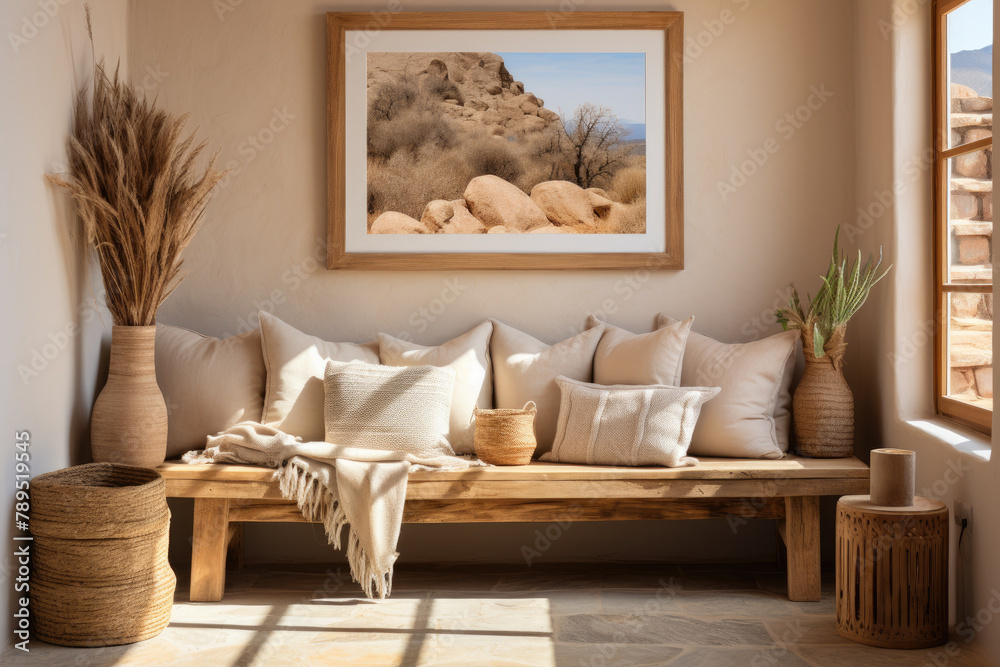 Wall mural Explore the charm of farmhouse interior design with this rustic bench, complete with a cozy blanket and pillows, set against a beige grunge venetian stucco wall in a modern home’s entryway.