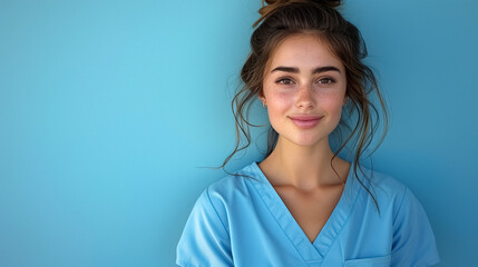 Portrait of pretty brunette woman healthcare worker in blue scrubs next to blue wall in clinic.
